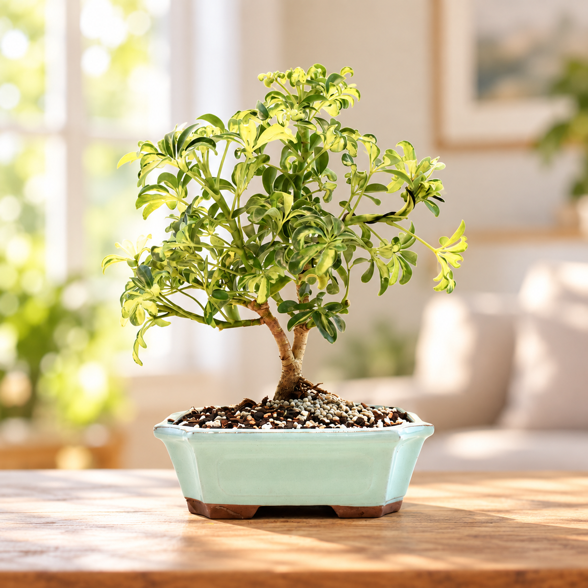 Dwarf Variegated Schefflera Bonsai Ceramic 8" Pot - One of a Kind Bonsai