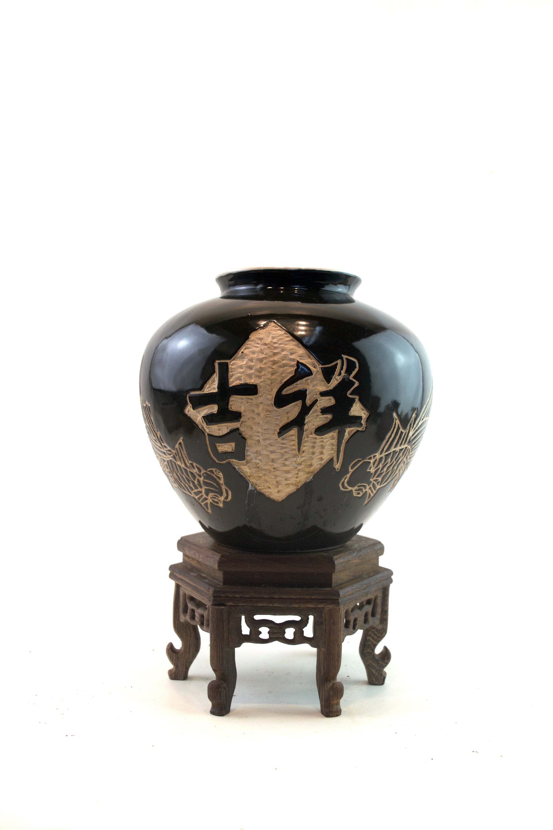 japanese ceramic plant pots Black Chinese Pot – 7" B-Grade Ceramic Planter with Gold Detailing
