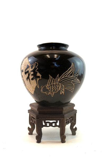 chinese plant pot Black Chinese Pot – 7" B-Grade Ceramic Planter with Gold Detailing