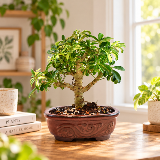 Dwarf Variegated Schefflera Bonsai Ceramic 7" Pot - One of a Kind Bonsai