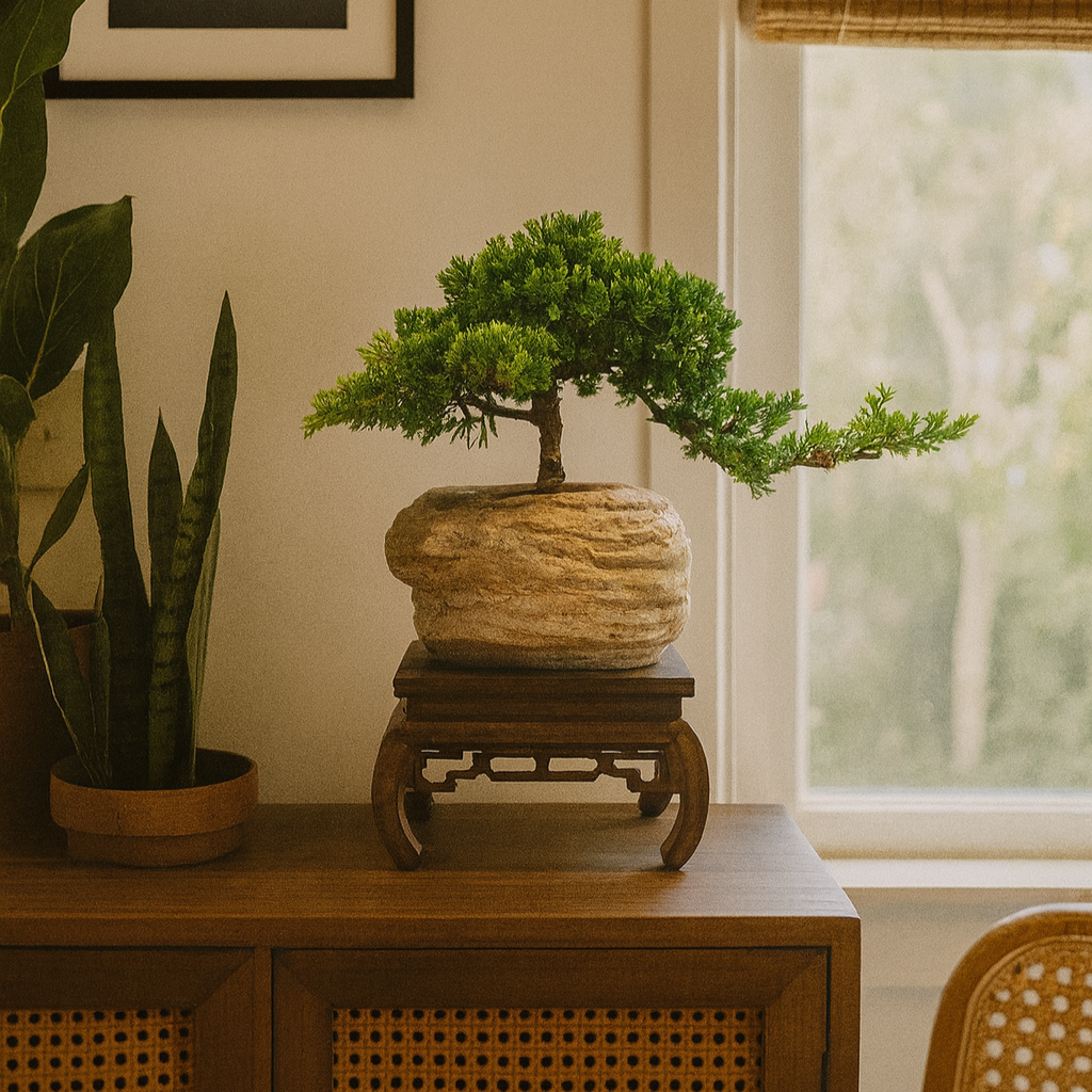 Bonsai tree on a stone pot on a wooden table with a window in the background