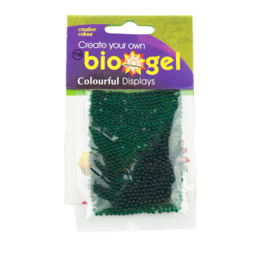 Green biogel water beads in packaging